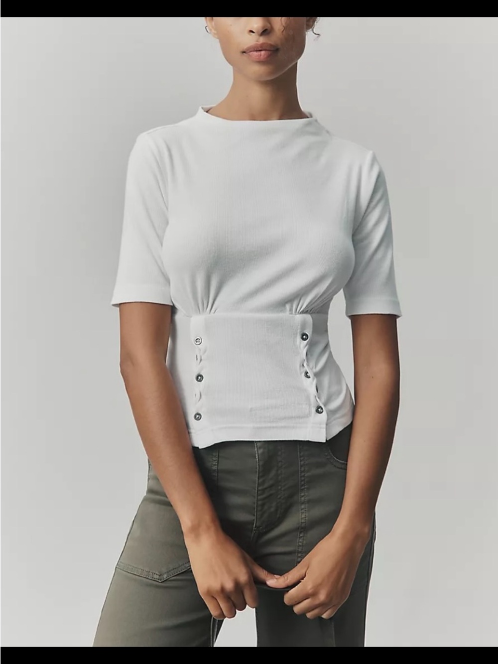 Pilcro White Ribbed Short Sleeve Top with Cinch Grommet Detail